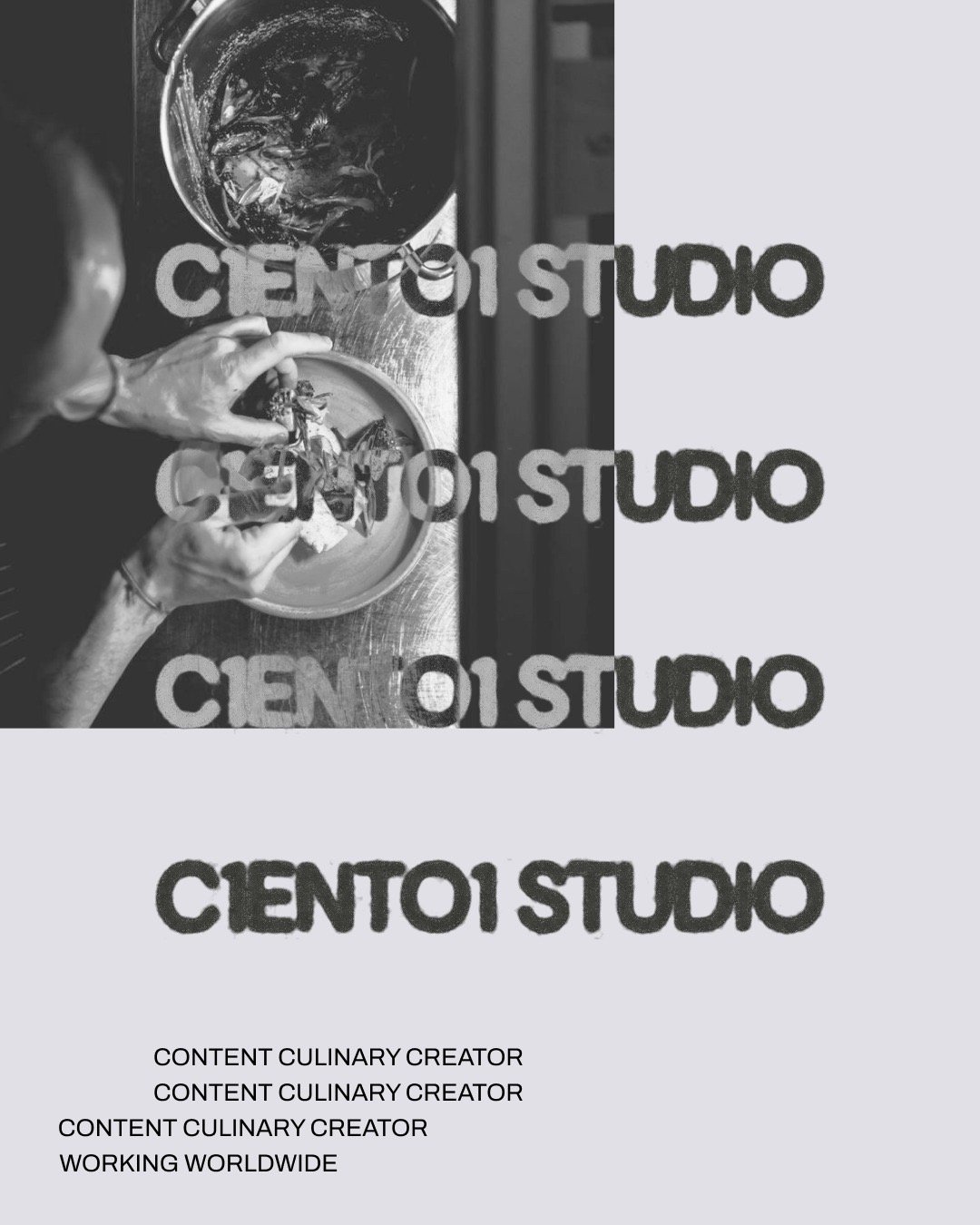 Composición de marca: fotografía culinaria y sello CIENTO1 STUDIO repetido