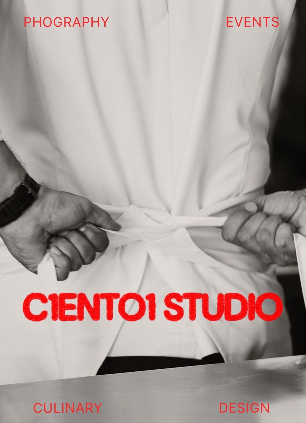 Cartel CIENTO1 STUDIO: delantal en blanco y negro y logo rojo