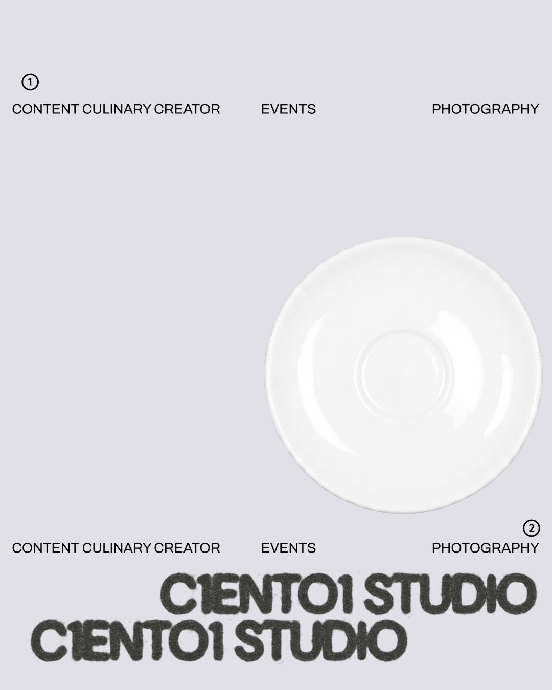 Composición de marca: plato blanco y logotipo repetido